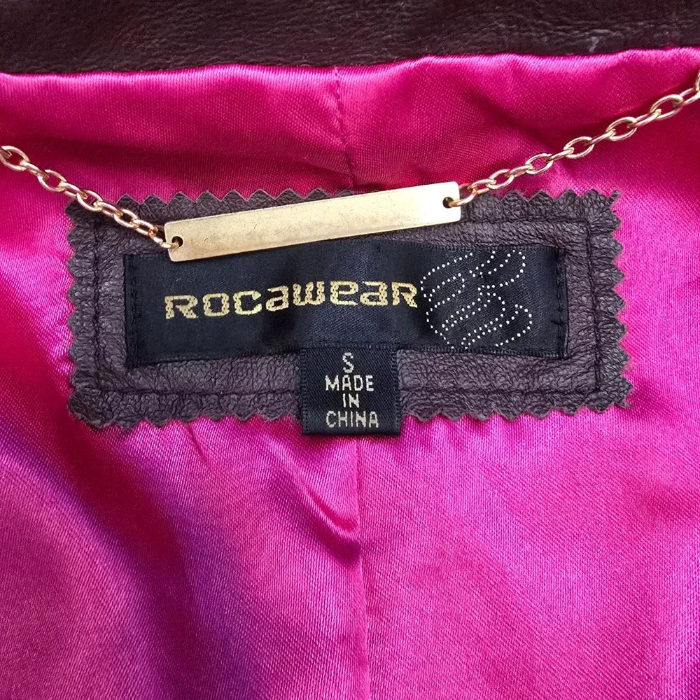 Rocawear Leather Jacket Moto‎ Brown Pink ROC Logo Streetwear Womens Y2K VTG